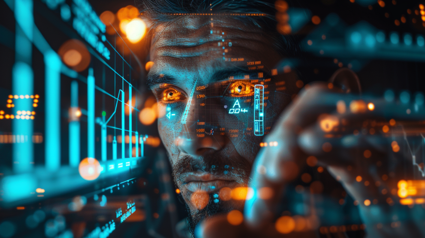 Businessman immersed in stock market graphs rapidly rising, powered by AI technology, grasping at revenue doubling projection